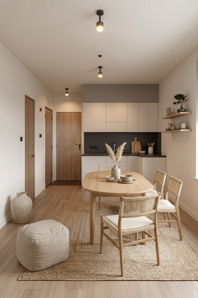 Salón-cocina amueblado estilo Japandi